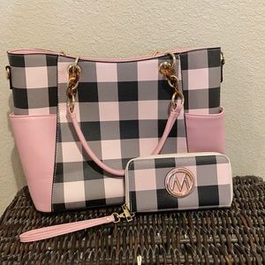 Mia K Collection Pink Plaid Purse bag and Wallet